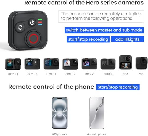 Image of Bluetooth Remote Control Compatible with Insta360 X5 /X4 /X3 /Go 3S /ACE pro 2 /ACE Pro /ONE X2 /Hero 8 /9 /10 /11 /12 Cameras and Phones - 50M Range Smart Action Accessories