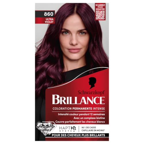 Brillance, Schwarzkopf, Coloration Permanente, Intensite Couleur 12 semaines, Brillance Eclat, Couverture Parfaite Cheveux Blancs, Masque Soin Fixateur de Couleur, HaptIQ System, Ultra Violet 860