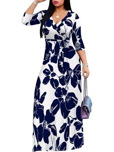 Image of Women's V Neck Floral Maxi Dress 3 /4 Sleeve Plus Size Boho Wrap Flowy Long Dresses with Belt