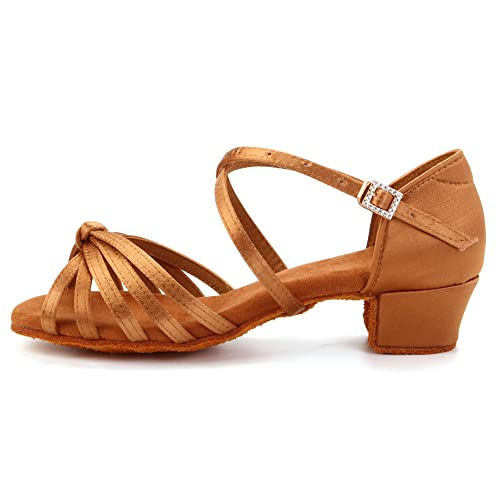 YKXLM Silk Fabric Brown Latin Dance Shoes for Girls Latin Ballroom Dance Shoes Girls with Diamond Buckle,Model US-TL-LP1203-ZSZK, 2 M Little Kid