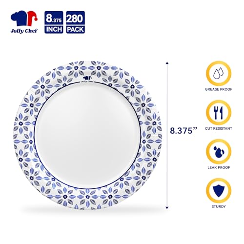 Image of JOLLY CHEF 8.37 inch Paper Plates 280 Count Soak Proof, Cut Proof, Heavy Duty Printed Disposable Plate for Party or Everyday Use