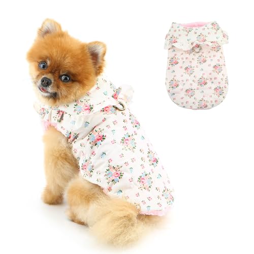 PAIDEFUL 犬服 秋冬 犬 コート 小型犬用 フリース裏地 冬用 ジャケット 花柄 フリル襟 暖かい 防風 中綿 ドッグウェア リードリング付き チワワ ヨーキー 猫用 ペット服 可愛い 冬 防寒着,ピンク,M