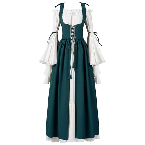 Spooktacular Creations Renaissance Costume Women, Medieval Green Chemise Ren Faire Dress Irish Overdress, Renaissance Corset with Trumpet Sleeve for Halloween Cosplay Wedding Themed Parties-XL