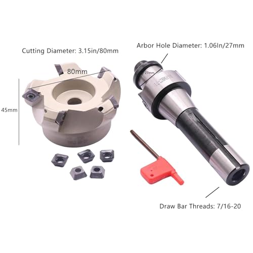 Image of 3.15 inch /80mm Cutting Dia 5-Flute KM12 80-27-5T Face Mill Shell Cutter Set | 45 Indexable Face Mill, R8 FMB27 7 /16-20UNF Shank Face End Mill Arbor with 10Pcs SEKT1204 Carbide Inserts and T20 Wrench