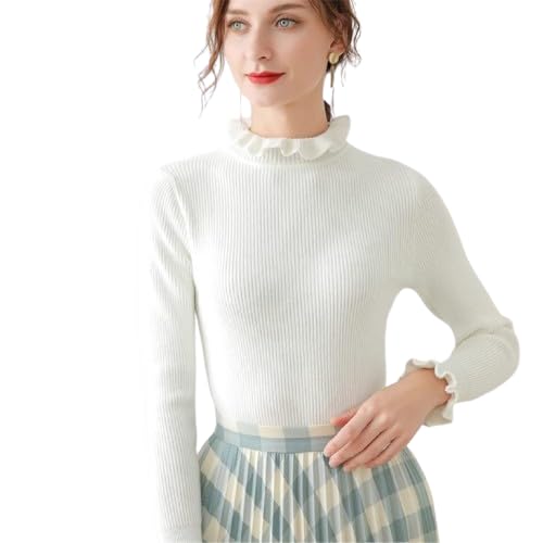 Elegant White Ruffled Mock Neck Ribbed Knit Top – Long Sleeve Slim Fit Sweater for Women | Size Medium-picture-25