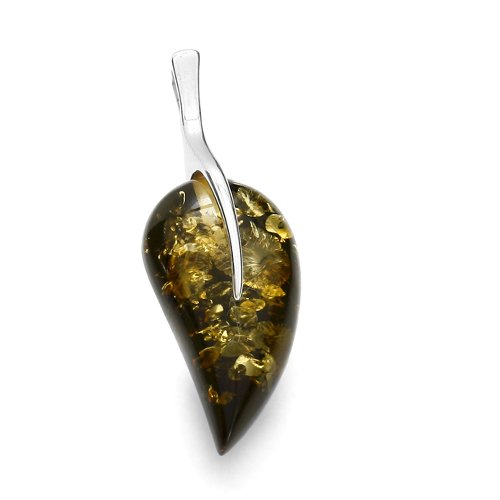 Sterling Silver and Leaf-Shaped, Green Amber Pendant with 18-inch Sterling Silver Chain