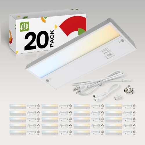 ASD LED Under Cabinet Lighting Plug in or Hardwired 9 Inch, Dimmable Under Cabinet Lights with High/Low/Off Switch, 3CCT 2700K-4000K, Linkable Under Counter Lights for Kitchen, ETL, White, 20 Pack