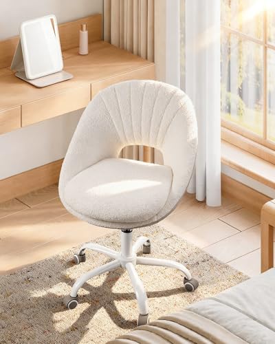 Hzuaneri Sedia Da Ufficio Per Casa, Sedia Scrivania Girevole Con Funzione Dondolo, Poltrona Da Ufficio In Tessuto Di Ciniglia Traspirante, Sedia Da Camera Da Letto E Soggiorno, Beige E Bianco - 7