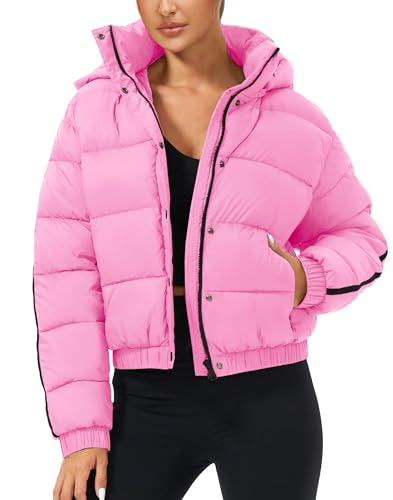 Tankaneo Womens Cropped Puffer Jacket Hooded Quilted Contrast Trim Short Down Coats Outerwear Winter...