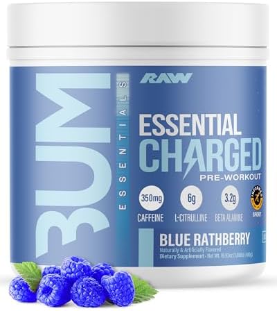 RAW Pre-Workout Powder, Essential CHARGED (Blue Rathberry) - Preworkout Supplement for Men & Women - Supports Focus, Mood, & Performance - Caffeine, Alpha-GPC, L-Citrulline, Beta Alanine (25 Servings)
