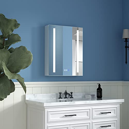 ExBrite LED Lighted Bathroom Medicine Cabinet with Mirror, 20 x 26 Inch, Recessed or Surface led Medicine Cabinet, Defog, Stepless Dimming,Color Temper Change, 2 Outlets,Storage Shelves,Right Hinge