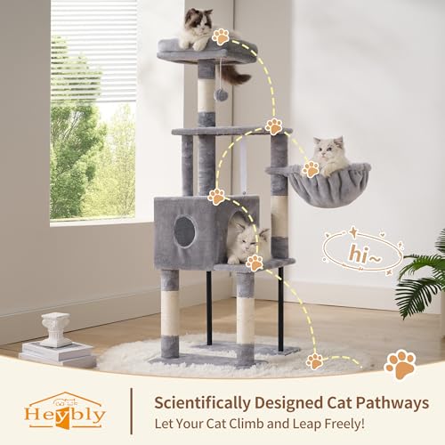 Image of Heybly Cat Tree with Toy, 49 inch Cat Tower for Indoor Cats HCT200SW | Spacious Cat House Condo with Hidden Space，Soft Plush Top Perch，Cozy Hammock and Sisal Scratching Posts, Light Gray