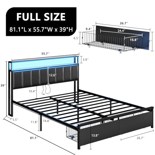 AMERLIFE LED Bed Frame with Drawers, Full Platform Bed Frame with 2-Tier Storage & Leather Upholstered & Charging Station Headboard, No Box Spring Needed, Noise Free, Easy Assembly, Black - Thumbnail 2