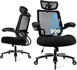 500lbs Big and Tall Office Chair - Heavy Duty Mesh Ergonomic Desk Chair with Headrest, High Back Computer Chair - Flip-up Armrests, Wide Thick Seat Cushion, Quiet Wheels, Black