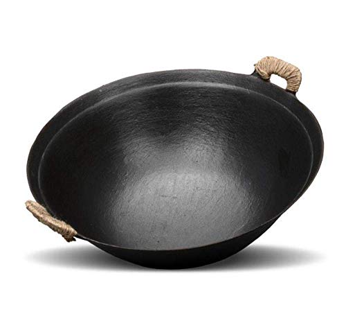 Cast Iron Wok Pan Infinite Wok Traditional Gas Non-Stick Wok Uncoated Household Large Iron Pan Double Ear Pig Iron Pot with Wooden Lid,38CM