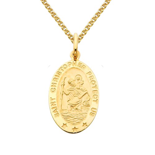 The World Jewelry Center 14K Real Yellow Gold Religious Saint Christopher Medal Pendant With 1.5Mm Flat Open Wheat Chain Necklace - 24" #TOP4