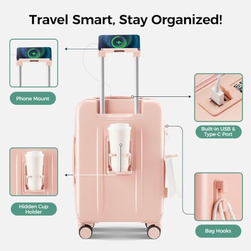 Image of Carry on Luggage Top opening Suitcases, Expandable with Cup&Phone Holder and USB Charging Port,Hardside with Front Pocket Rolling Suitcases with Spinner Wheels & YKK Zippers (Pink, 20 Inch)