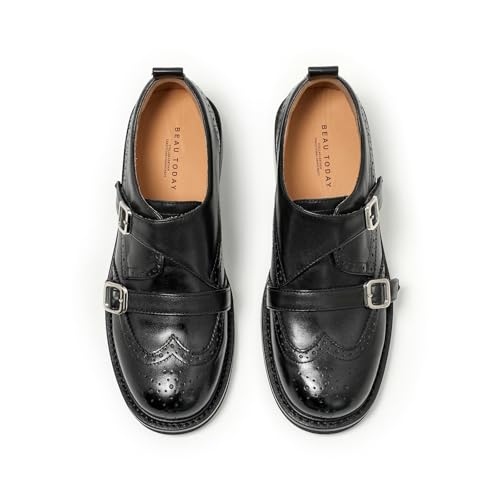Image of BEAU TODAY Women's Leather Loafers, Wingtip Brogue Monk Strap Shoes | Genuine Leather, Round Toe, Low Heel, Metal Buckle, Non-Slip, Comfortable Business Casual Flats for Work and School