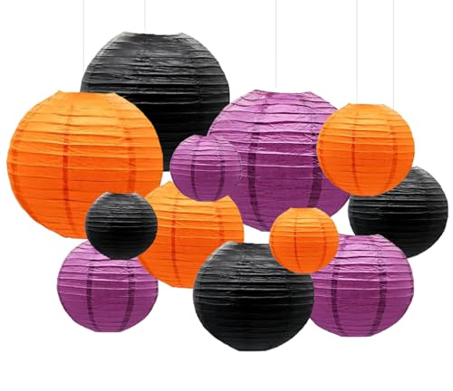 Image of Orange Purple Black Paper Lanterns Decorative 12pcs Halloween Hanging Decorations for Graduation Thanksgiving Birthday Party Decorations