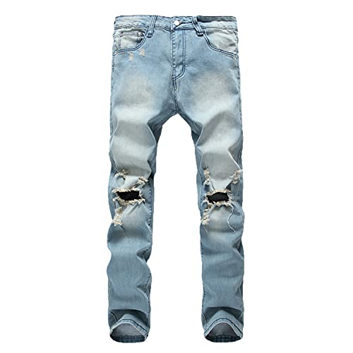Men's Ripped Slim Fit Jeans Distressed Knee Holes Stretch Casual Denim Pants Destroyed Classic Fashion Wash Jean Trouser (Light Blue 1,40)