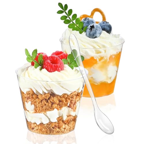 TOFLEN 50 Pack 5 oz Mini Dessert Cups with Spoons, Round Cake Cups Party Serving Cups for Parfait, Appetizers, Cocktails, Dessert Shooters & Dessert Shot Glasses