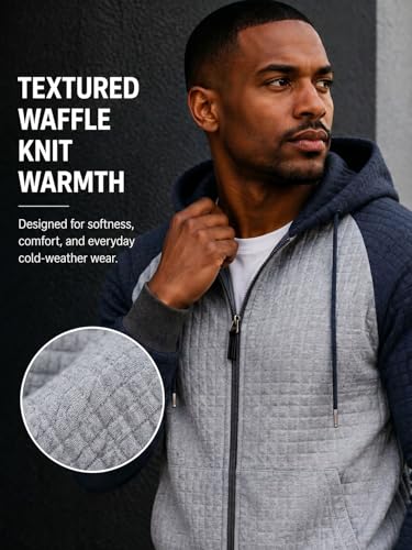 Men's Lightweight Jackets Zip Up Waffle Knit Hoodie Casual Long Sleeve Plaid Jacquard Warm Sweatshirt with Pocket — view 3