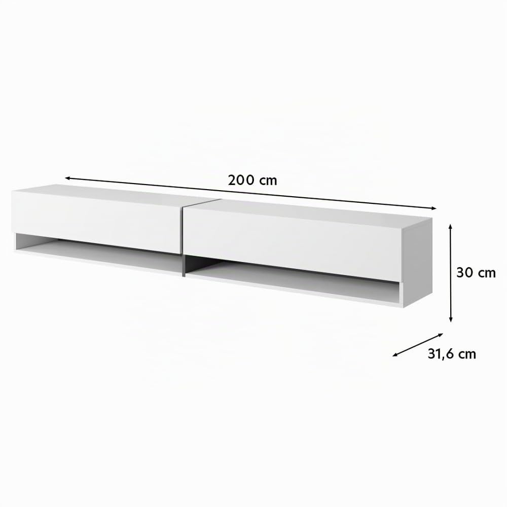 Selsey Meuble TV Armoire De Télévision 200 cm Suspendu Salle De Séjour Chambre À Coucher Blanc avec Insert Doré Bisira