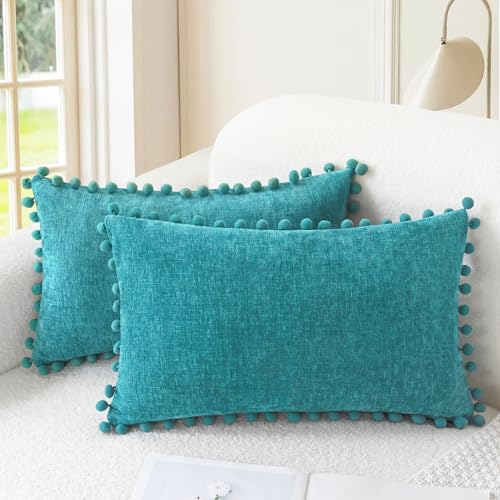 CaliTime Throw Pillow Covers Decorative 20 X 12 Inches Pack of 2 Cozy Solid Dyed Soft Chenille Cushion Cases with Pom Poms for Couch Sofa Bed Living Room Home Lake Blue