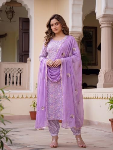 Image of ANNI Designer Rayon Viscose Printed Straight Kurta with Pant and Dupatta for Women | Rayon Viscose Purple | 3 /4 Sleeve | Round Neck | Ethnic Wear Casual Wear