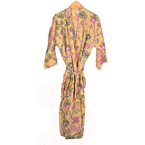 Indocrafts 100 Percent Cotton Dressing Gowns for Women & Men,100 Percent Indian Cotton,Lightweight Summer Kimono Bathrobes, Organically Grown, Ethically Made. Fits UK 10-18, Yellow, XL-XXL Plus Cover