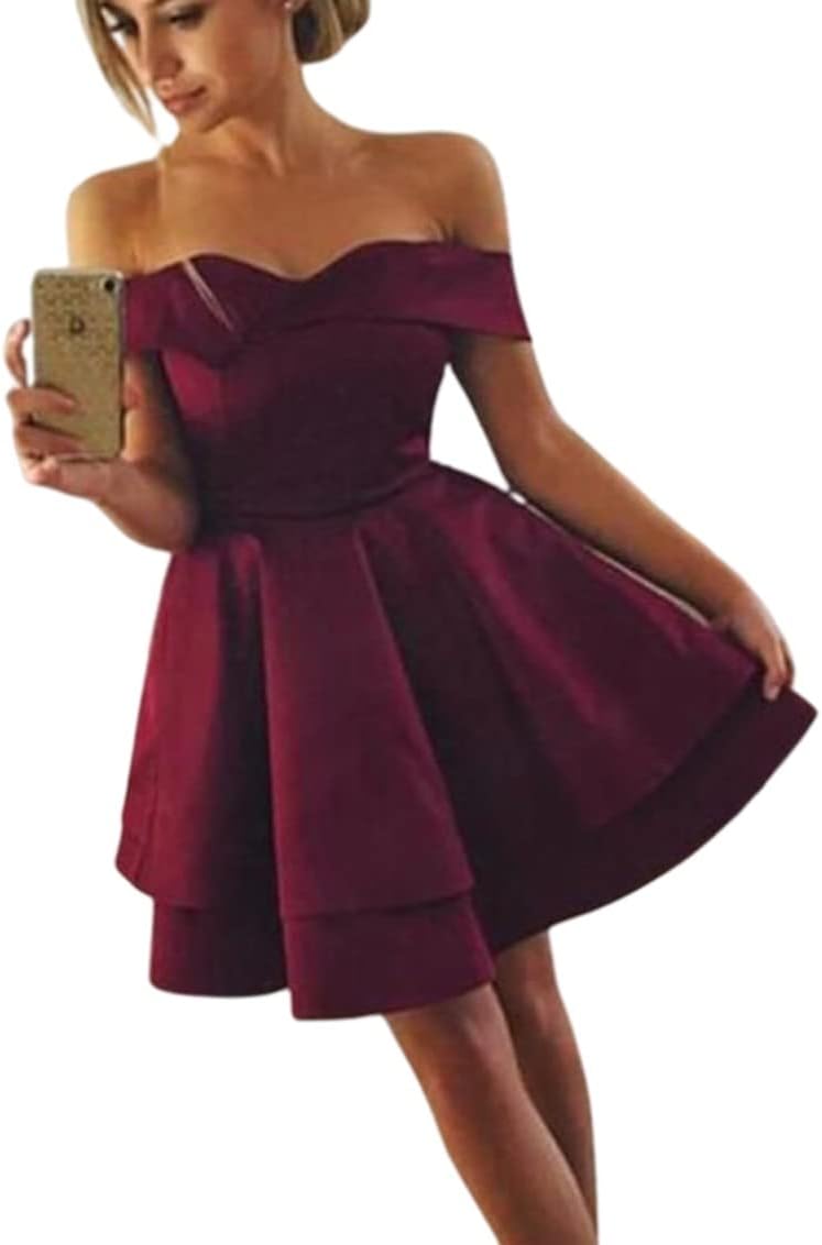 Burgundy Short Satin V Neck Off-The-Shoulder Homecoming Dresses