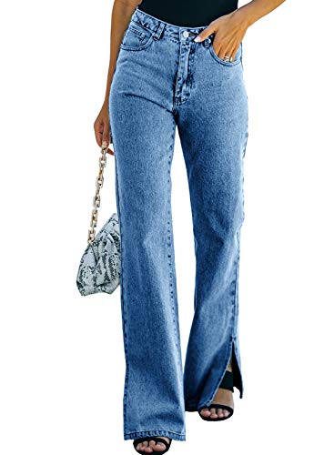 Dokotoo Womens Flare Jeans High Waisted Stylish Vintage Washed Side Split Straight Wide Leg Denim Pants Jeans for Women Blue M