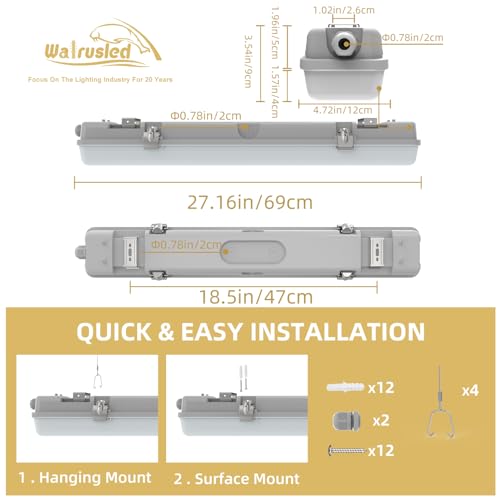 2FT LED Vapor Tight Light, IP65 IK08, 10W(1250lm)/20W(2500lm), 3/4/5000K CCT Selectable, 100-277V, Outdoor Waterproof Shop Light, Vapor Proof Lighting Fixture for Carport Parking Garage, FCC 2-Pack by Walrusled - Image 6