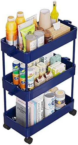 JIUYOTREE 3-Tier Storage Trolley,Utility Cart Standing Shelf Unit Organizer for Kitchen Bathroom Laundry Room and Narrow Places,Black