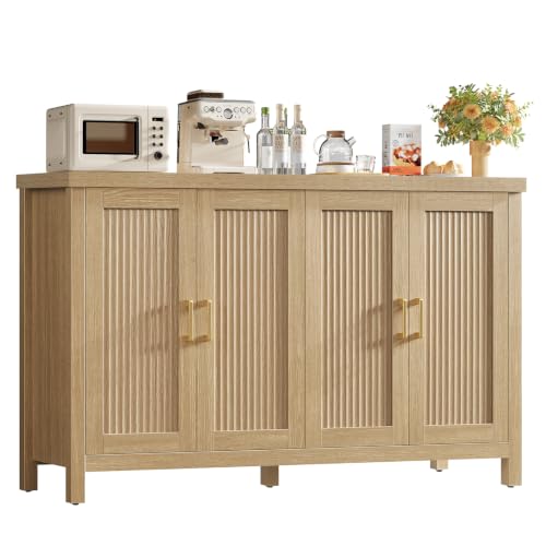 TEENFON 140 cm Aparadores para Salon con Puertas Estriadas & Tiradores Dorados, Aparador Cocina con Estantes Ajustables, Armario Cocina para Pasillo, Comedor, Salón - 140 x 38 x 84.5 cm - Roble