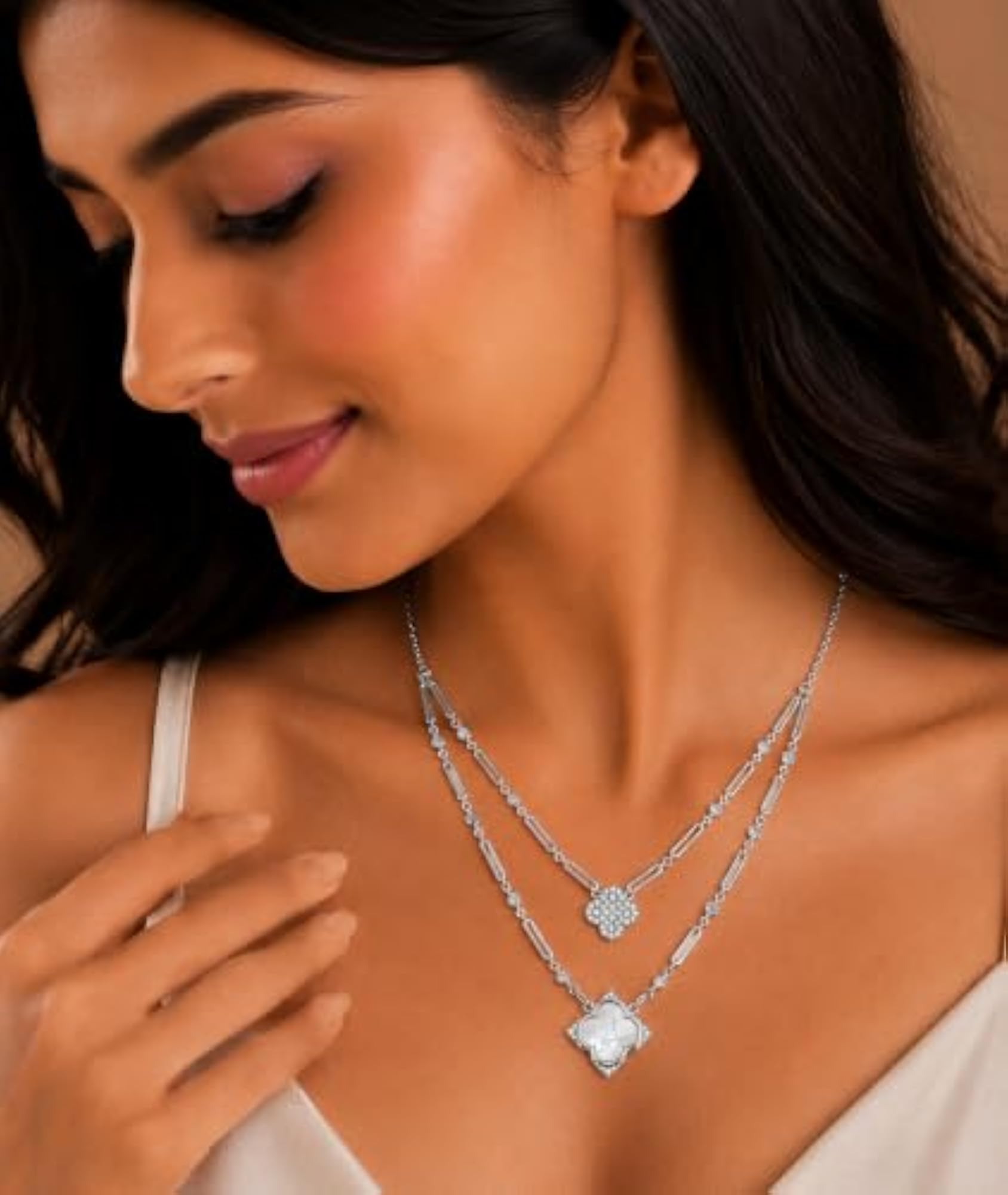 Women's Sterling Silver 925 Double Layer Clover Pendant Necklace