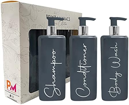 Print Maniacs Mrs Hinch Inspired Signature Grey 500ml Square Reusable Dispenser Bottle Silver Pump Personalised Bathroom Storage Toiletries Set F2 (White, Shampoo and Conditioner)