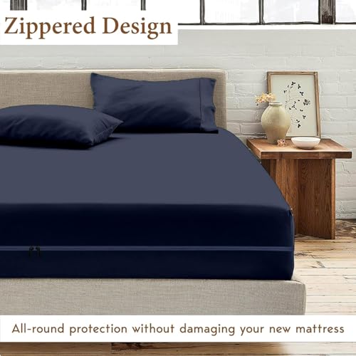 Image of Zippered Chain 75 inchx66 inchx8 inch Terry Cotton Waterproof Mattress Protector | Dust Mite Proof, Bed Bug Protection Mattress Cover for Queen Bed Size with 8 inch Drop Thick (75x66x8 inch,Navy Blue)