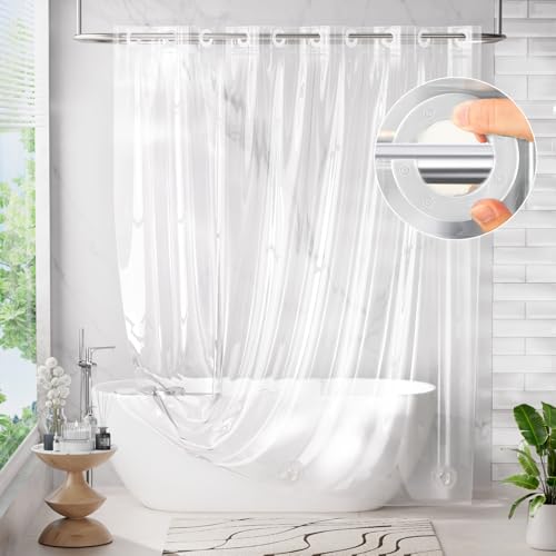 AmazerBath No Hook Shower Curtain and Liner 3-in-1, 100% EVA Luxury Soft Heavy Duty Clear Shower Liner, 72x75 Hookless Shower Curtain with 3 Heavyweight Stones
