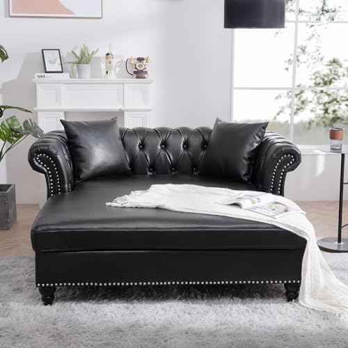 Kvutx 62.99 Chaise Lounge Indoor Comfy Reading Chair with 2 Pillows, PU Leather Chesterfield Loveseat Sofa with Tufted Back & Rolled Arm, Oversized Chaise Lounge Couch Indoor for Living Room Black