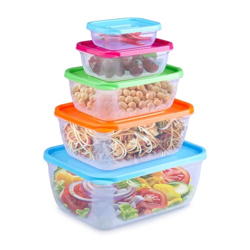 WakiHong Juego de 5 Envases de Plastico con Tapa Recipientes de Almacenamiento con Tapa Envases para Alimentos,Apilables,Rectángulo,y aptos para Frigorífico/Congelador,para Microondas y Lavavajillas