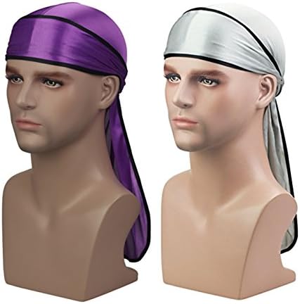 Silky Soft Durag (2PCS) with Extra Long Tail and Wide Straps Headwrap Du-Rag for 360 Waves,Free Size,Silver Black+purple Black