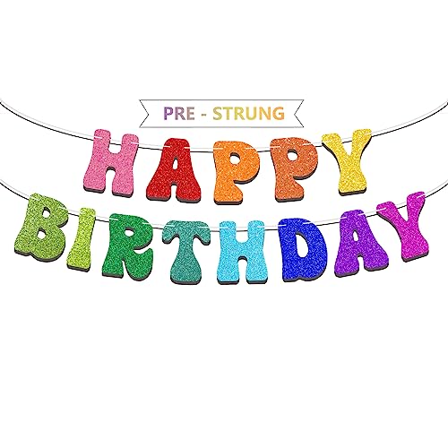 Pre-Strung Rainbow Happy Birthday Banner - NO DIY - Colorful Rainbow Party Banner Decorations Glitter Birthday Party Garland