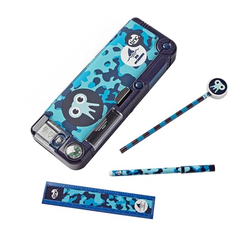 Tinc Pop-Out Compartment School Pencil Case - Blue - Includes Pencil with Eraser Topper, Ballpoint Pen & 15cm Ruler - Secret Compartments with Push Button, One Size (SNPCCAMT)