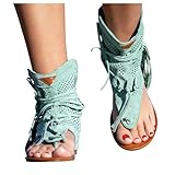 Casual Women's Retro Bohemian Gladiator Fringe Sandals with Flat Clip-Toe Flip-Flops, Beach & Open-Toe T-Strap Roman Sandals