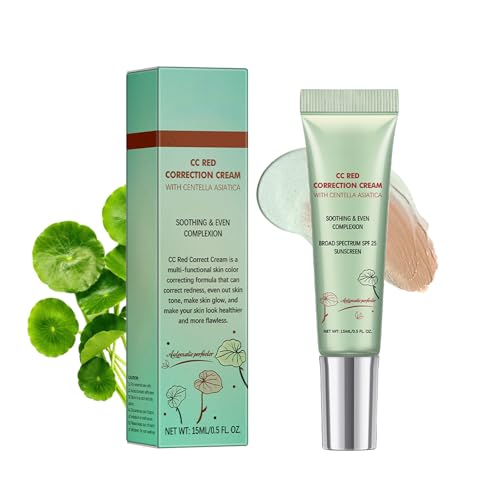 CC Cream con Centella Asiática, CC Red Correct Crema, Correctora de Color con SPF 25, Crema Hidratante con Color, Base De Maquillaje Ligera De Cobertura, 15ml