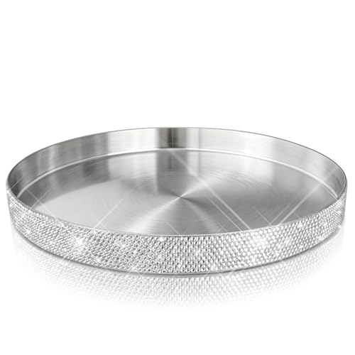 Leuhiove Round Bling Stainless Steel Serving Tray, Shiny Serving Platter