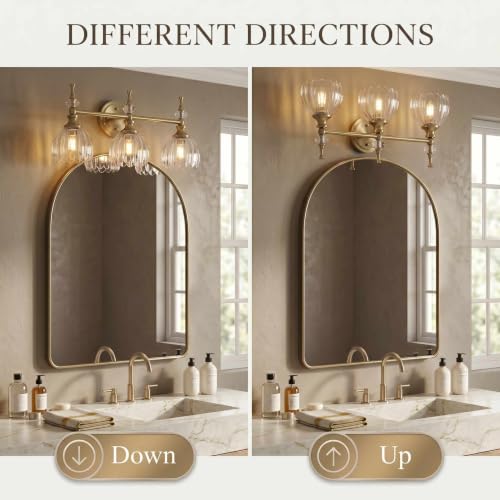 Image of ANDY STAR 3-Light Brushed Gold Bathroom Vanity Light, Transitional Sconce | Ribbed Glass & Crystal Accent, Damp-Resistant, Heat-Resistant E12 Base, Reversible Up /Down Mounting