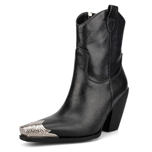 Image of Cowboy Ankle Boots for Women Engraved Steel Toe Cowgirl Boots Stacked Block Heels Short Cowboy Boot Fashion Dressy Western Country Booties
