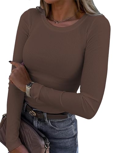 Damen Langarmshirt Rundhals Slim Fit Rippstrick Oberteil - Langarm Basic Tee Shirt Y2K T-Shirt Crop Tops Kaffee S